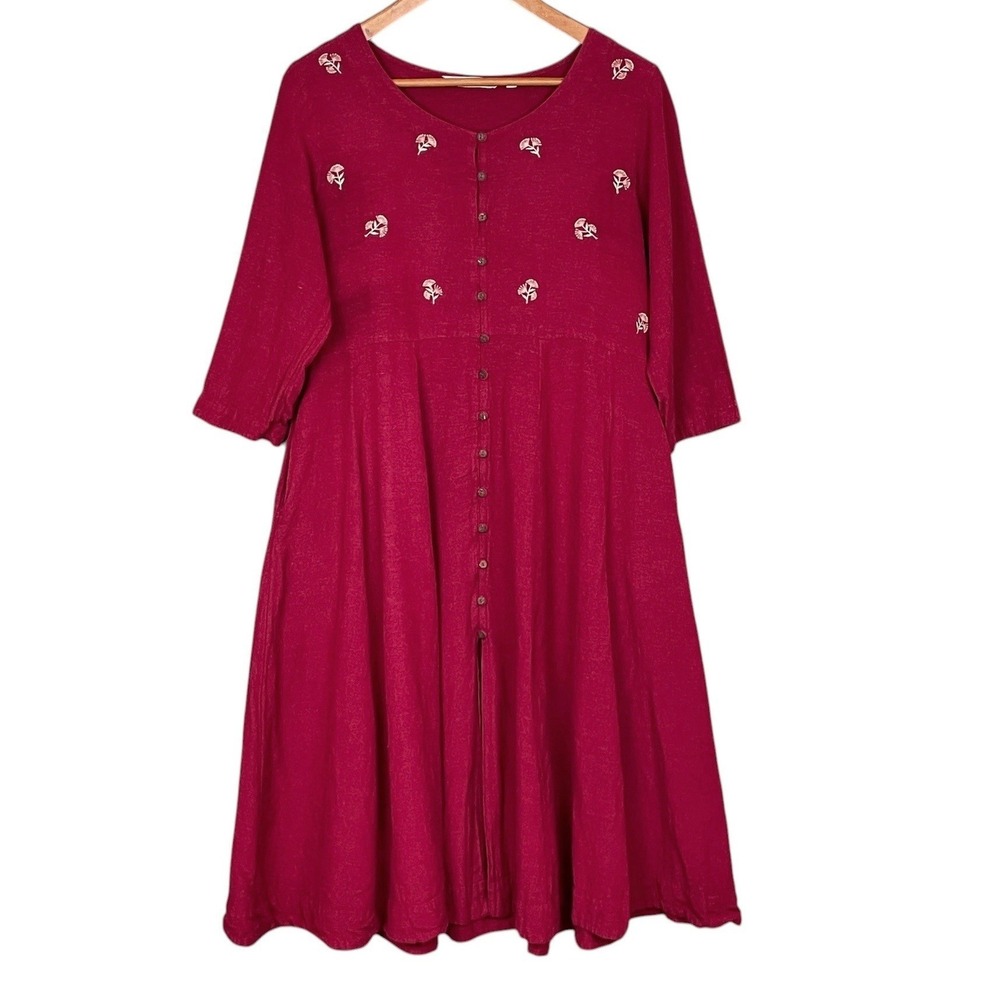 Boho Fuchsia Flower Embroidered Button Up Midi Dress Size M Festival Cottagecore